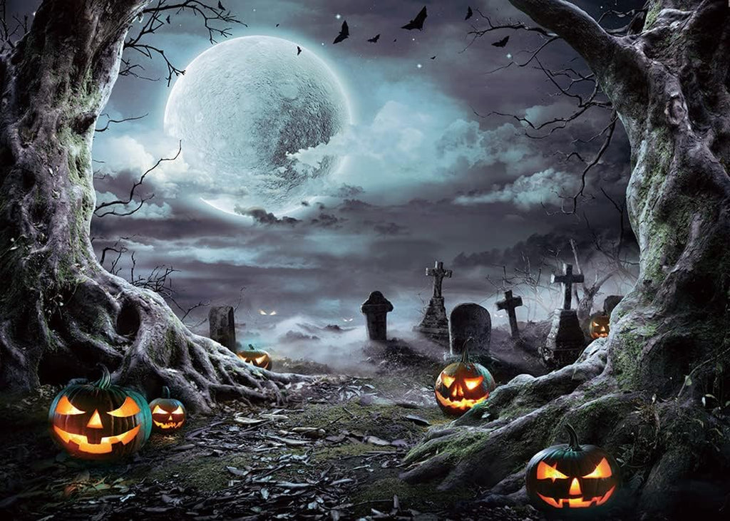 7X5Ft Halloween Photography Backdrop Horrible Graveyard Pumpkin Lantern and Full Moon Night Backdrop for Halloween Party Decoration Halloween Photoshoot Studio Props