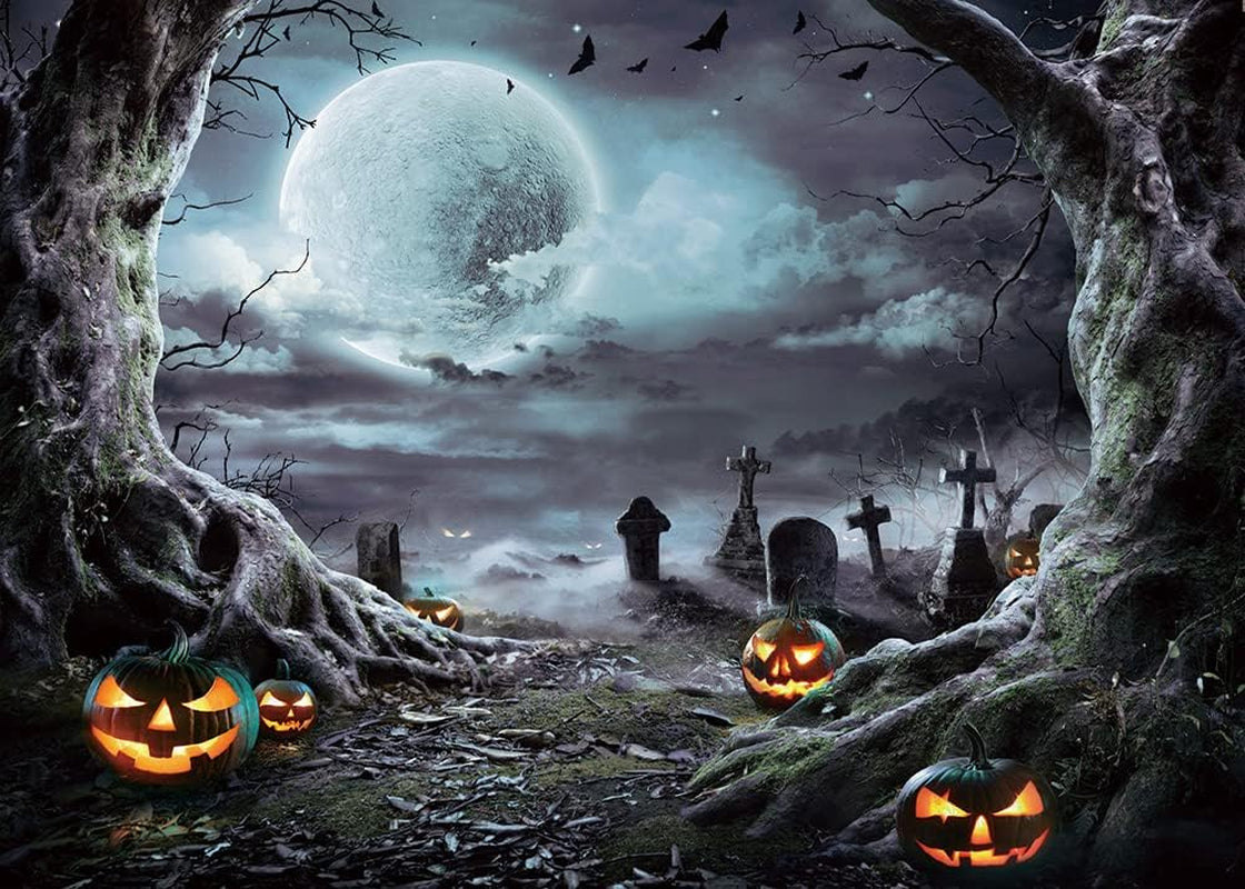 7X5Ft Halloween Photography Backdrop Horrible Graveyard Pumpkin Lantern and Full Moon Night Backdrop for Halloween Party Decoration Halloween Photoshoot Studio Props