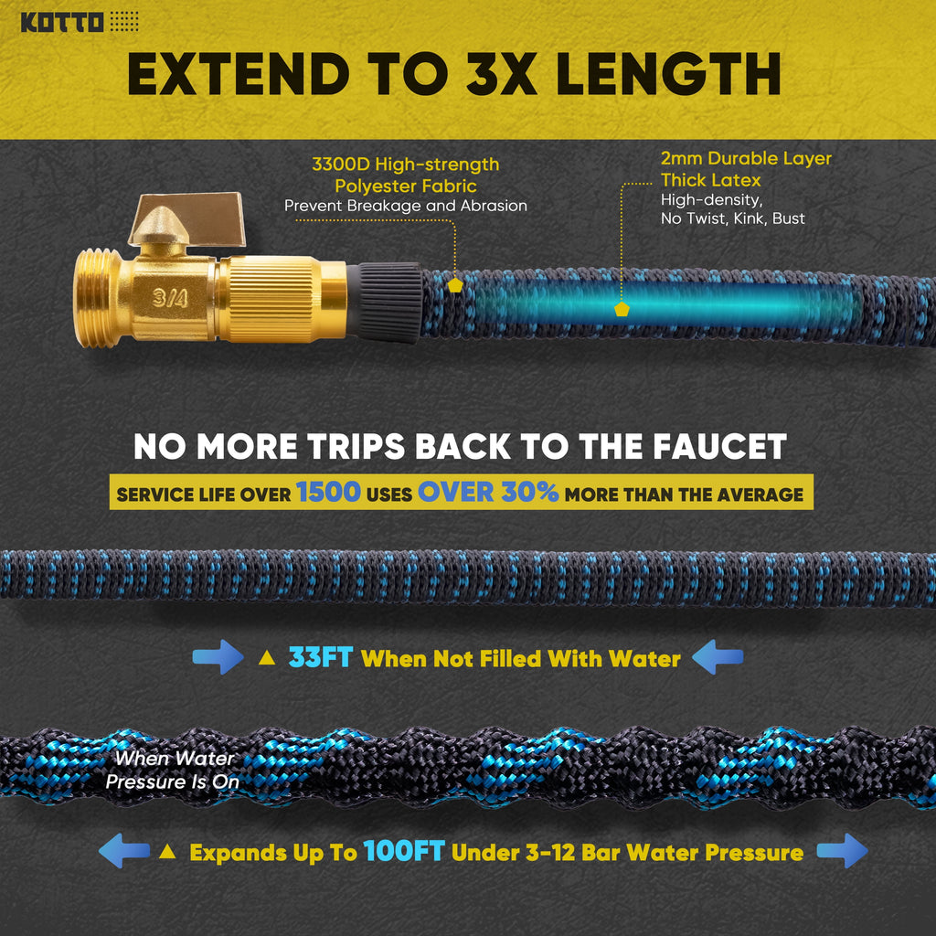 (4 Pack)  100 Ft Expandable Garden Hose, Water Hose for outside with 10 Spray Nozzles, Brass Connector, Leak-Proof, Blue