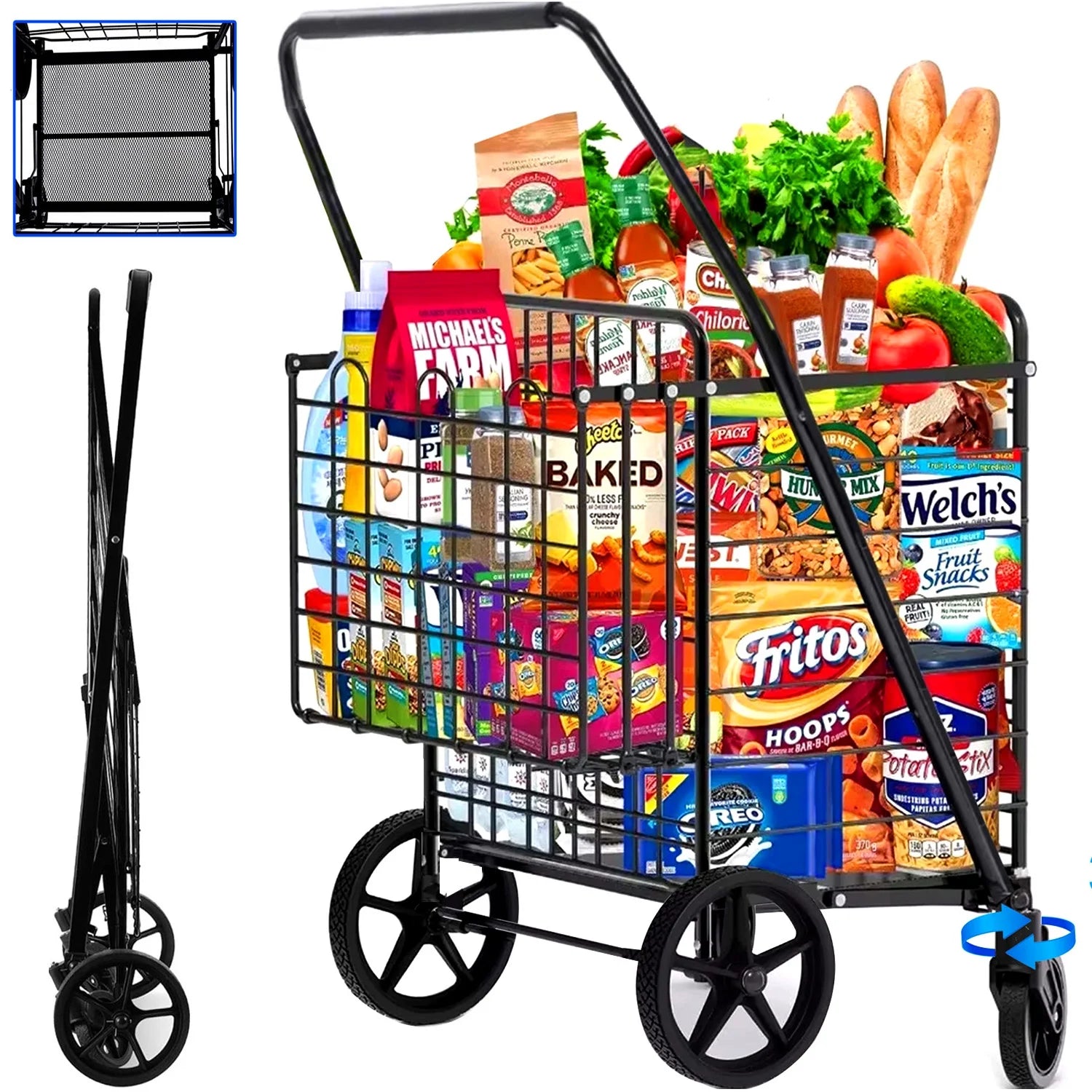 Foldable Shopping Cart, Folding Grocery Cart with Encrypted Mesh Bottom, 360° Swivel Wheels Lightweight Trolley for Halloween, Shopping, Grocery, Laundry, Luggage, Supermarket, Camping, Beach
