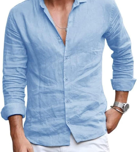 Mens Button down Shirt Linen Cotton Shirts Casual Long Sleeve Spread Collar Lightweight Beach Plain Tops