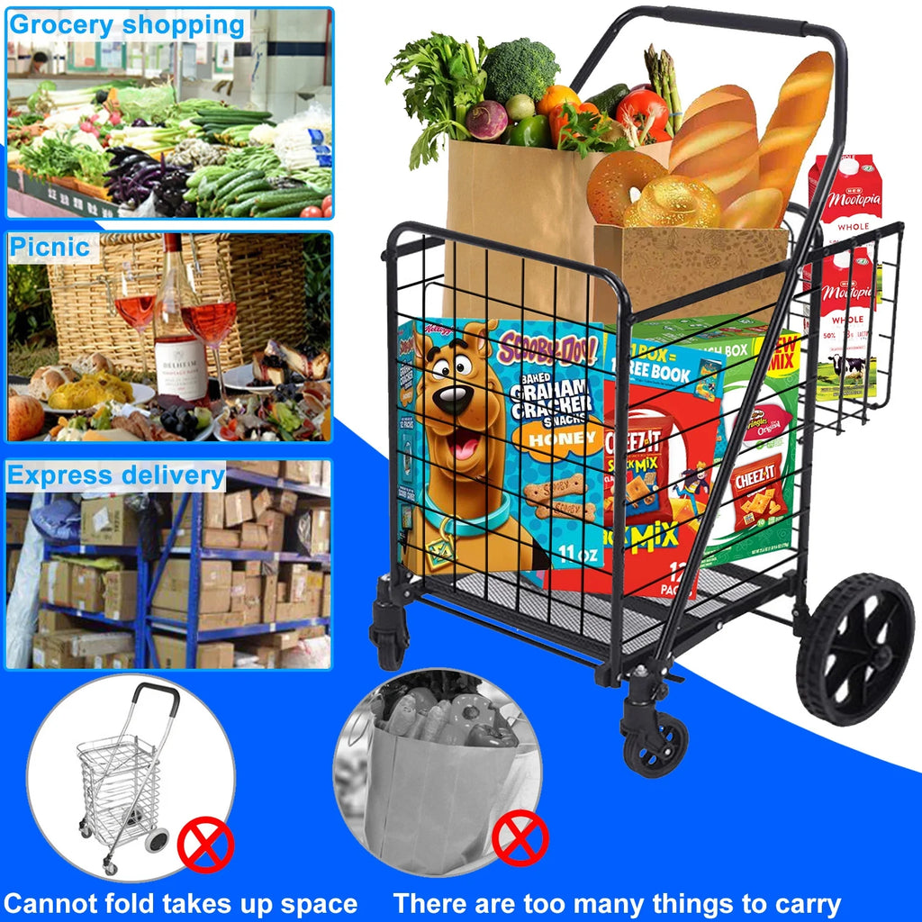 Foldable Shopping Cart, Folding Grocery Cart with Encrypted Mesh Bottom, 360° Swivel Wheels Lightweight Trolley for Halloween, Shopping, Grocery, Laundry, Luggage, Supermarket, Camping, Beach