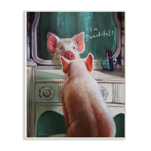 12.5 In. X 18.5 In. "I'M Beautiful Painted Pig in Mirror Illustration" by Artist Lucia Heffernan Wood Wall Art