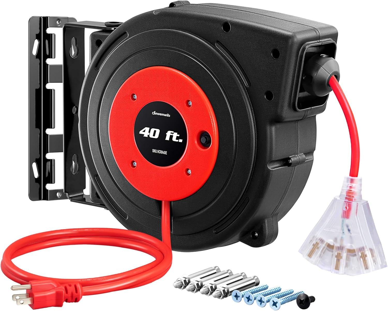 Retractable Extension Cord Reel, 40 FT Heavy Duty Power Cord, 12AWG/3C SJTOW, 3 Grounded Outlets Lighted Triple Tap, 15 Amp Circuit Breaker, UL Listed