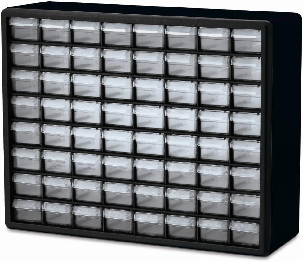 64-Drawer Plastic Storage Cabinet, 20"W X 6"D X 16"H, Black | Plastic Cabinet W/ Drawers for Garage Organization, Beads, Building Bricks Storage, Teacher Toolbox, Makeup Organizer, 10764