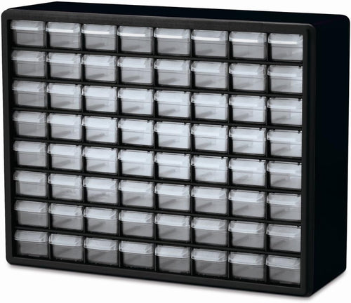 64-Drawer Plastic Storage Cabinet, 20"W X 6"D X 16"H, Black | Plastic Cabinet W/ Drawers for Garage Organization, Beads, Building Bricks Storage, Teacher Toolbox, Makeup Organizer, 10764