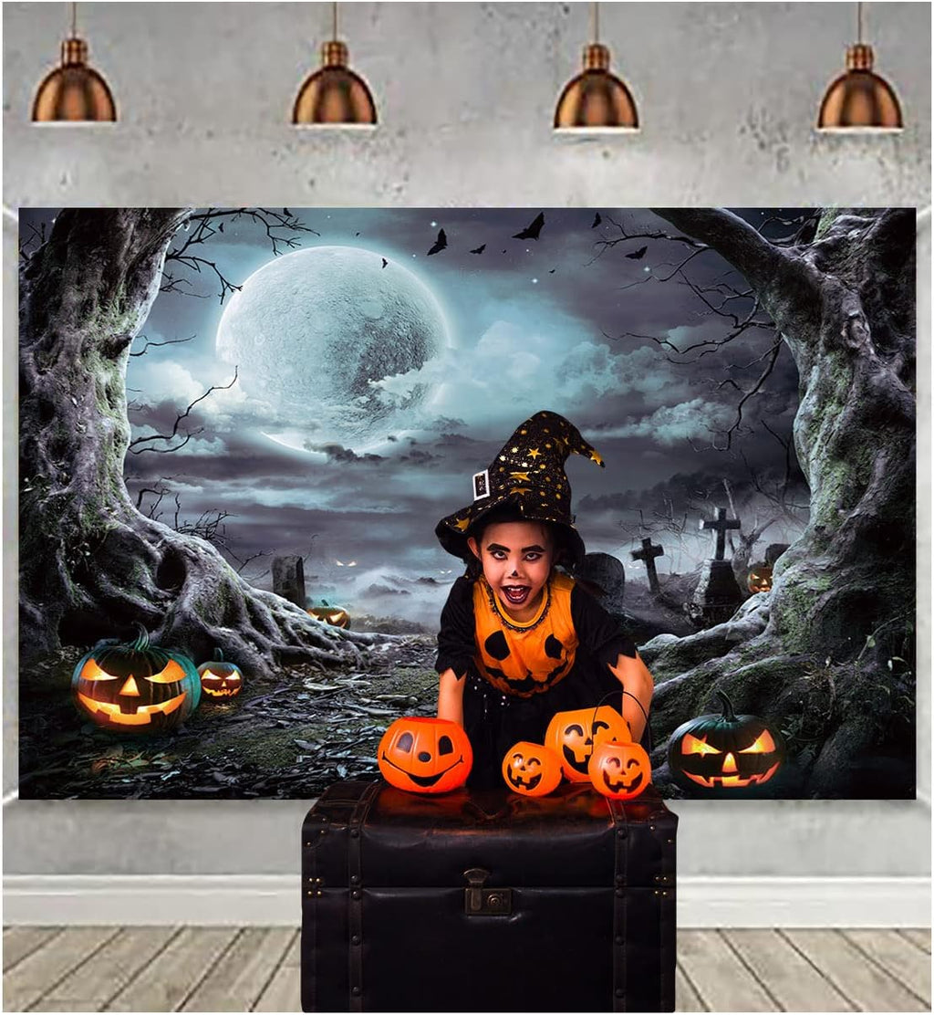7X5Ft Halloween Photography Backdrop Horrible Graveyard Pumpkin Lantern and Full Moon Night Backdrop for Halloween Party Decoration Halloween Photoshoot Studio Props