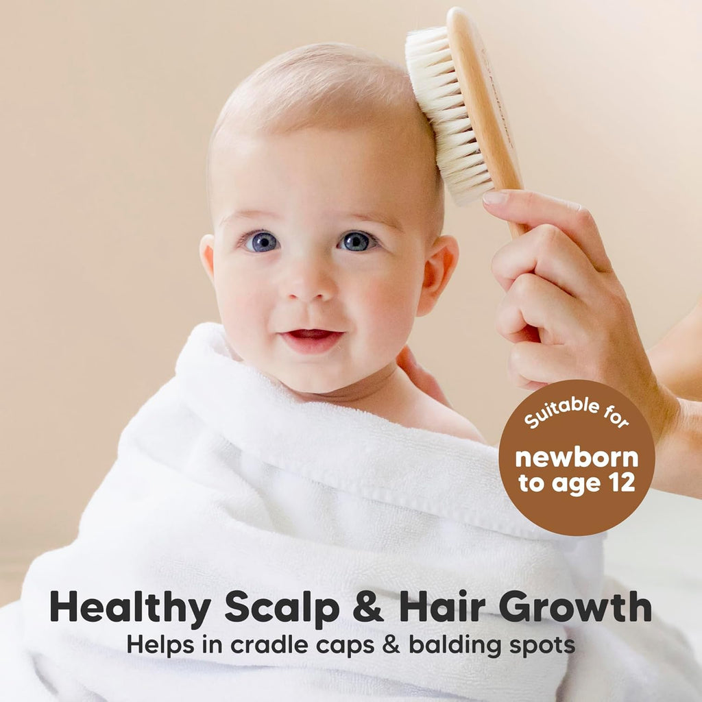 Baby Hair Brush Set for Newborns - Soft Goat Bristle Wooden Baby Brush and Comb Set Newborn Grooming Kit for Cradle Cap, Durable & Gentle, Boy, Girl Infant Essentials Care Kit Brush (Regular, Walnut)