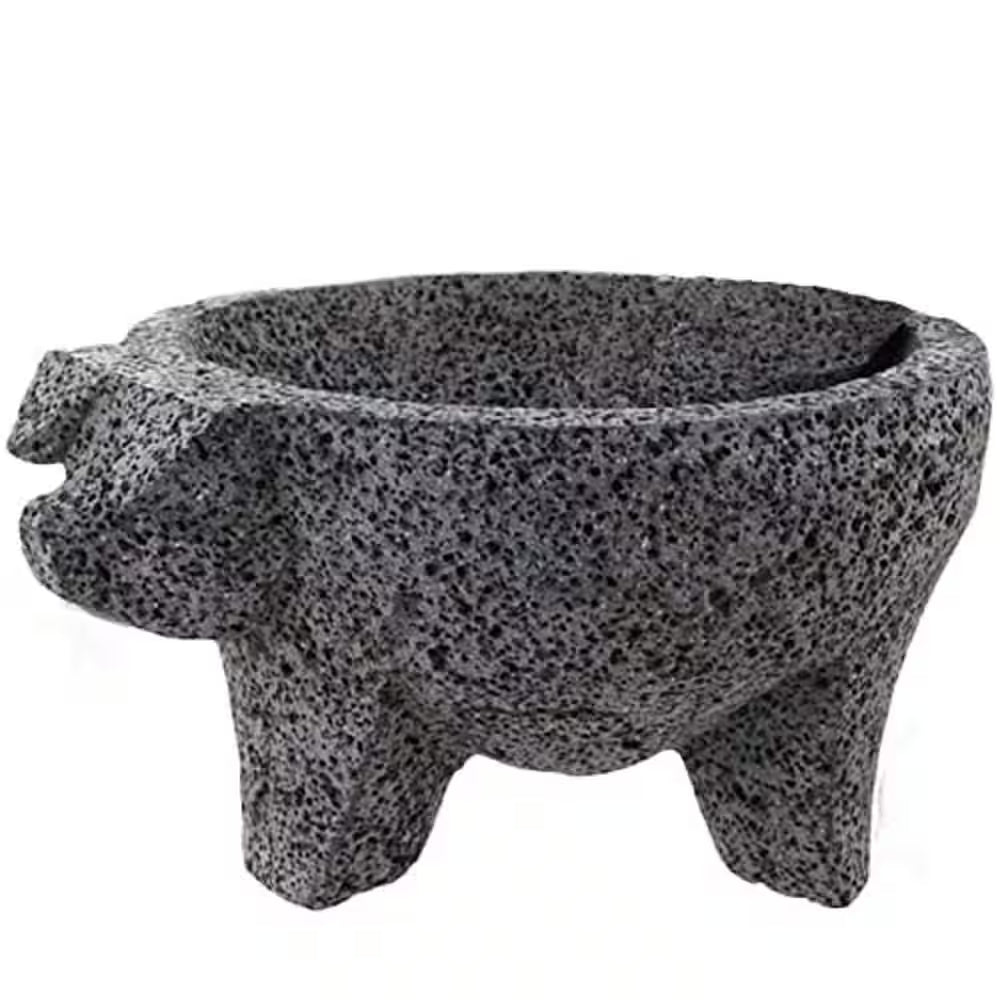 8.6 In. Hand-Made Lava Stone Mortar and Pestle, Spice Grinder, Pig Design