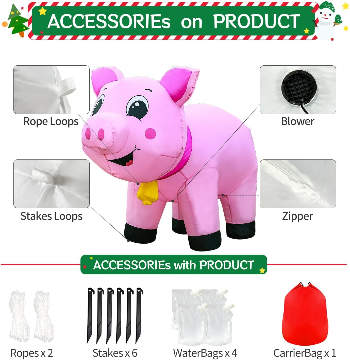 6FT Inflatable Pig Christmas Decoration with Built-In LED Lights