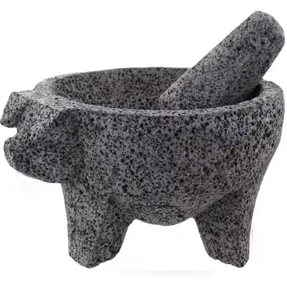 8.6 In. Hand-Made Lava Stone Mortar and Pestle, Spice Grinder, Pig Design
