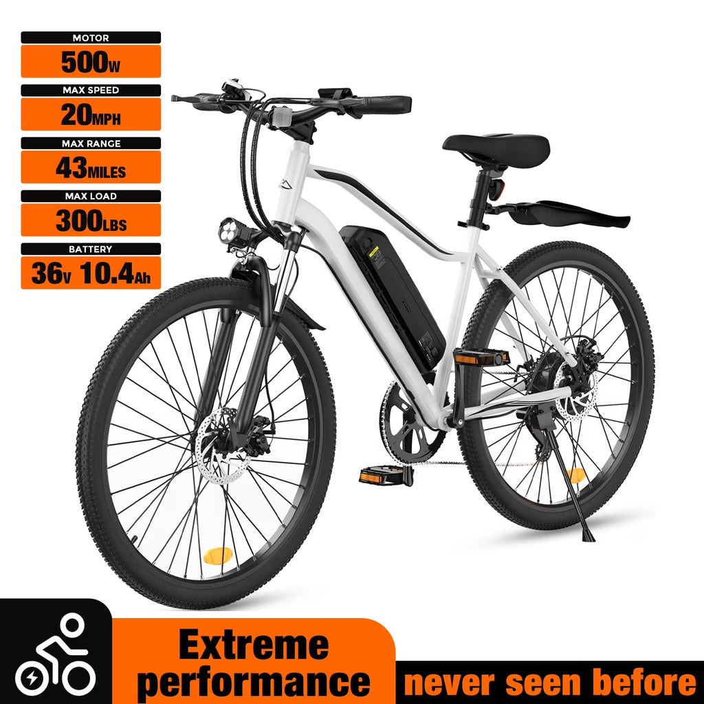 1000W Peak Electric Bike Adult,26" Mountain Bicycle Professional ,Front Dual Shock Absorption Ebike,Up 20MPH,55 Miles,35-Speed, 42V 13AH Removable Battery,White