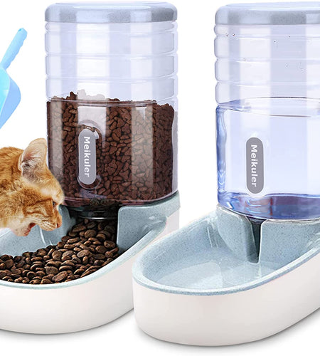 Automatic Dog Cat Feeder and Water Dispenser Set,Waterer and Gravity Food Feeder for Small & Medium Dogs Cats Puppies,Large Capacity 1 Gallon X 2 (Grey)