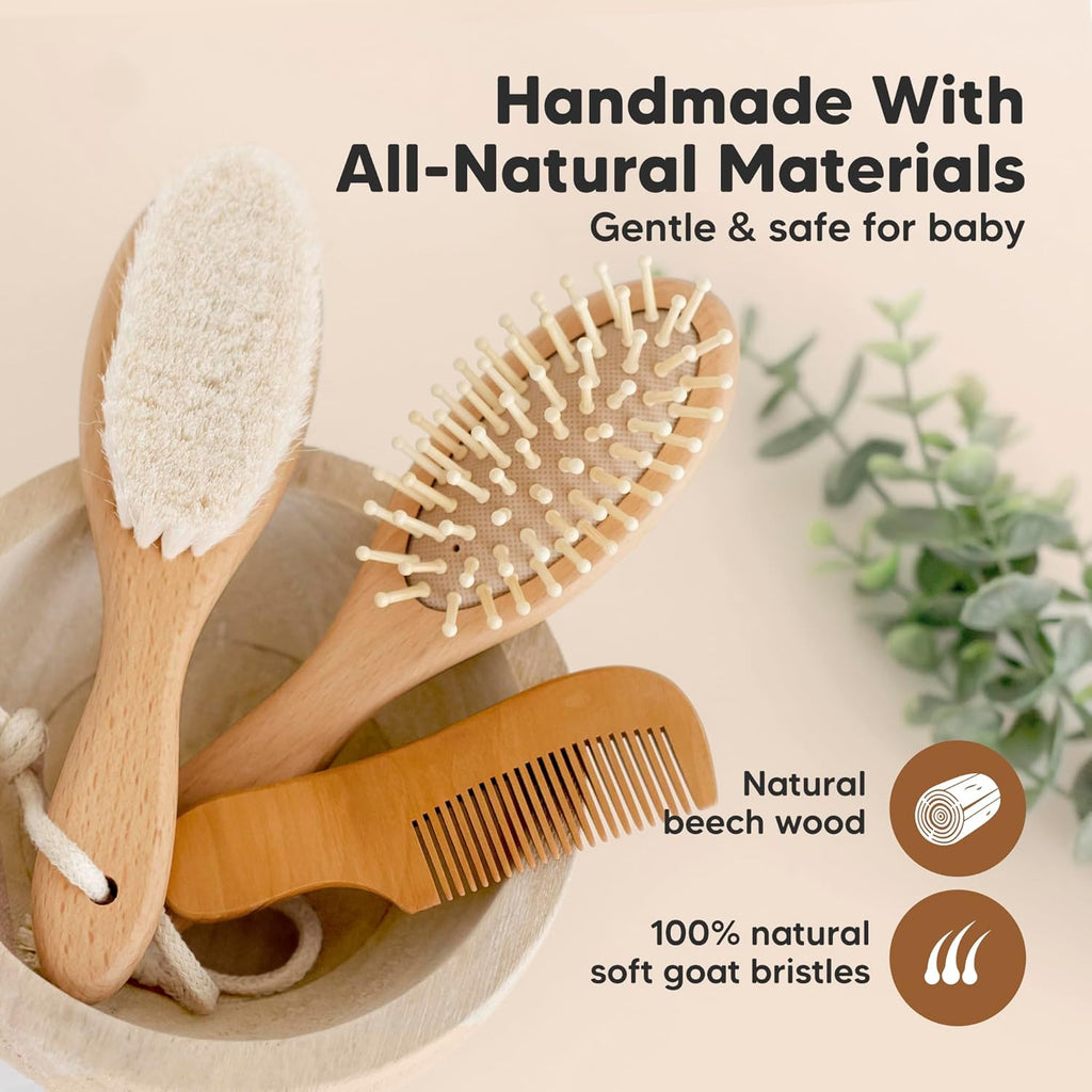 Baby Hair Brush Set for Newborns - Soft Goat Bristle Wooden Baby Brush and Comb Set Newborn Grooming Kit for Cradle Cap, Durable & Gentle, Boy, Girl Infant Essentials Care Kit Brush (Regular, Walnut)