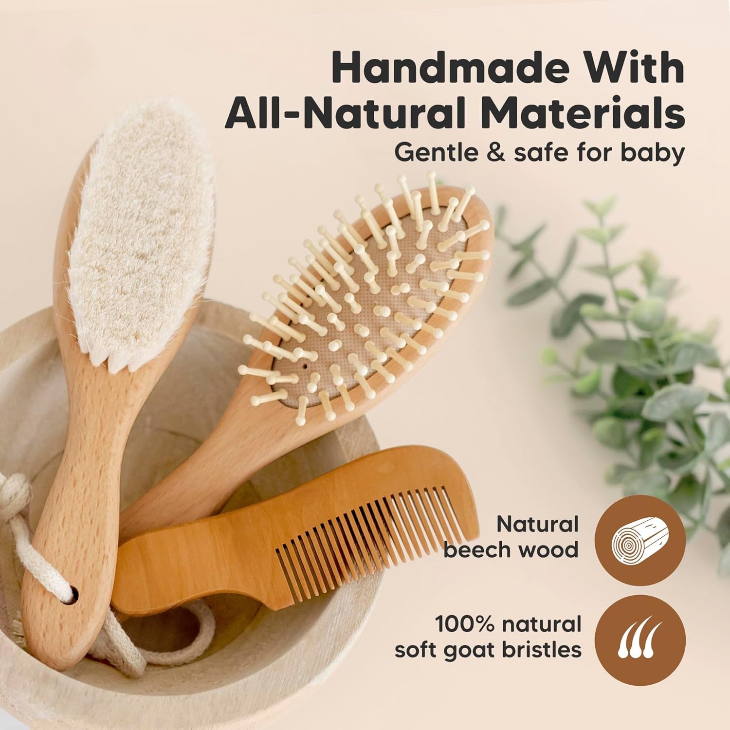 Baby Hair Brush Set for Newborns - Soft Goat Bristle Wooden Baby Brush and Comb Set Newborn Grooming Kit for Cradle Cap, Durable & Gentle, Boy, Girl Infant Essentials Care Kit Brush (Regular, Walnut)