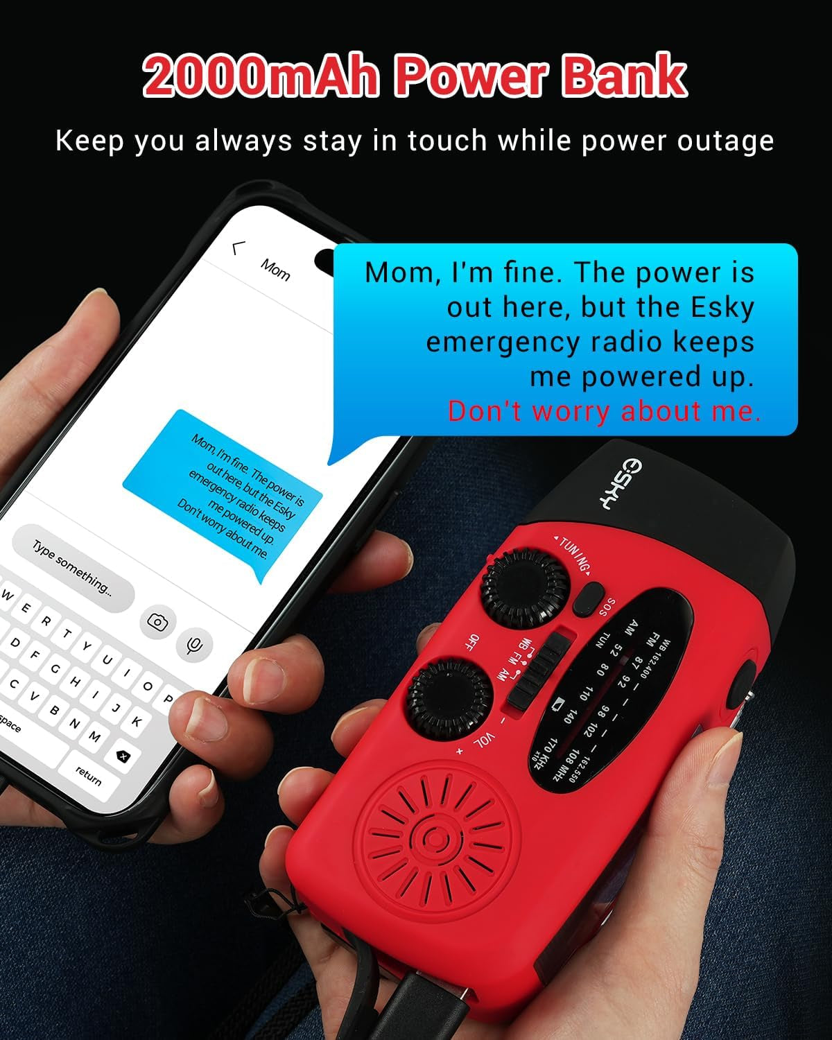 Emergency Hand Crank Radio 7400Mwh with 3 LED Flashlight, AM/FM/NOAA Portable Weather Radio with Rechargeable 2000Mah Battery, Solar Powered Radio for Indoor Outdoor Survival Camping, SOS Alarm
