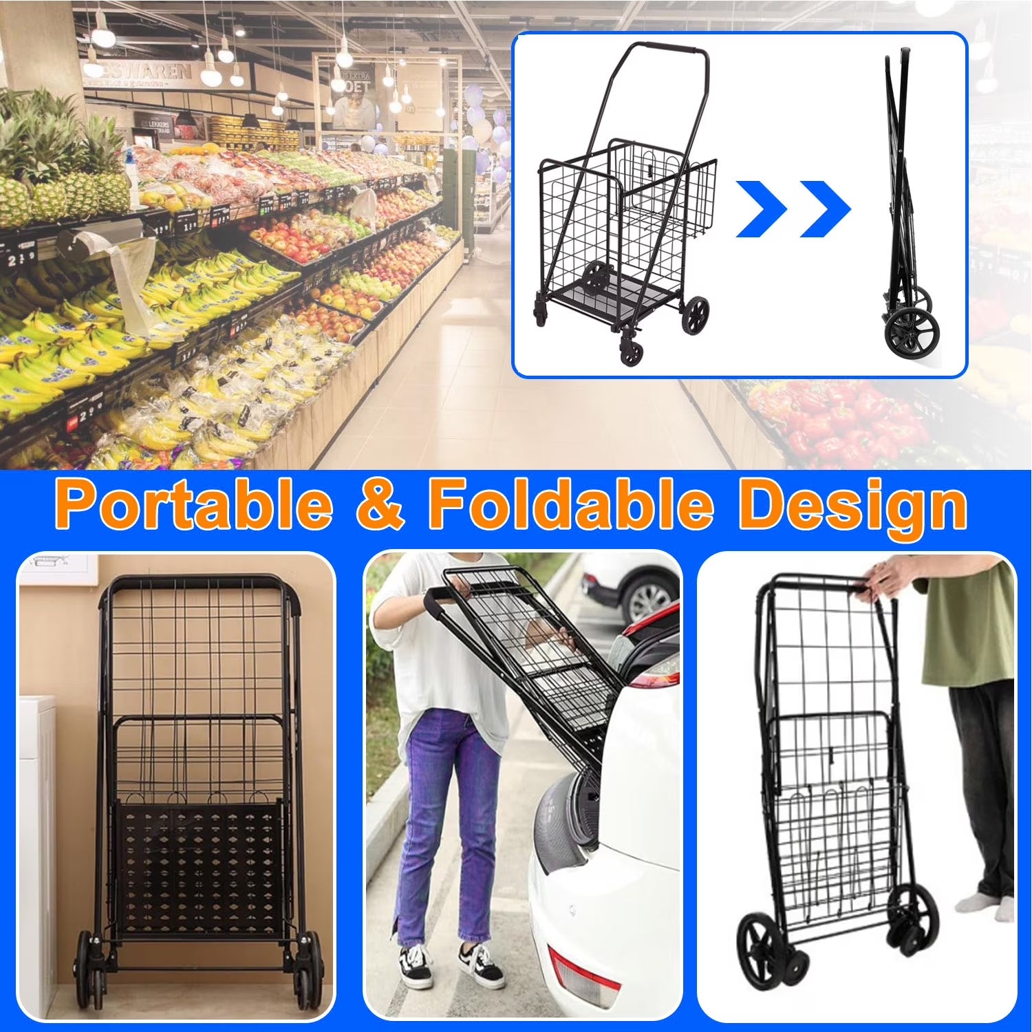 Foldable Shopping Cart, Folding Grocery Cart with Encrypted Mesh Bottom, 360° Swivel Wheels Lightweight Trolley for Halloween, Shopping, Grocery, Laundry, Luggage, Supermarket, Camping, Beach