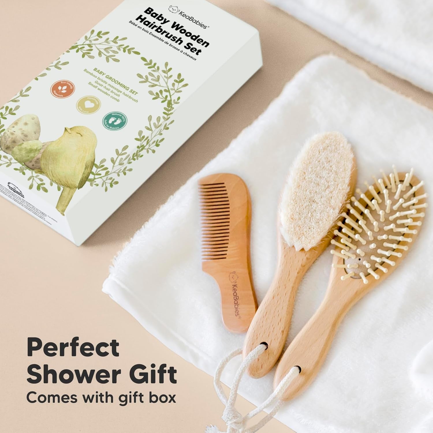 Baby Hair Brush Set for Newborns - Soft Goat Bristle Wooden Baby Brush and Comb Set Newborn Grooming Kit for Cradle Cap, Durable & Gentle, Boy, Girl Infant Essentials Care Kit Brush (Regular, Walnut)