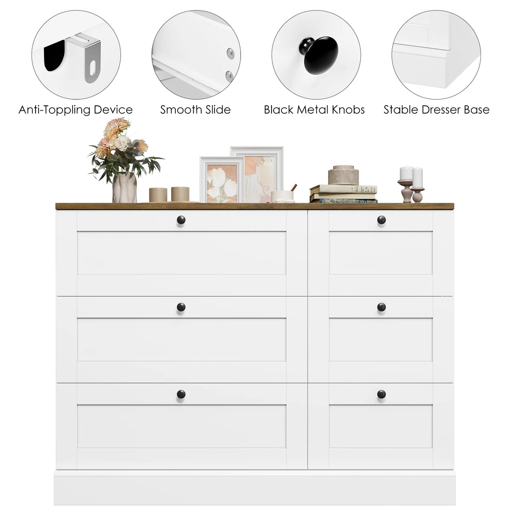6 Drawer White Dresser for Bedroom, Modern Wood Storage Cabinet Chest of Drawer for Living Room Entryway