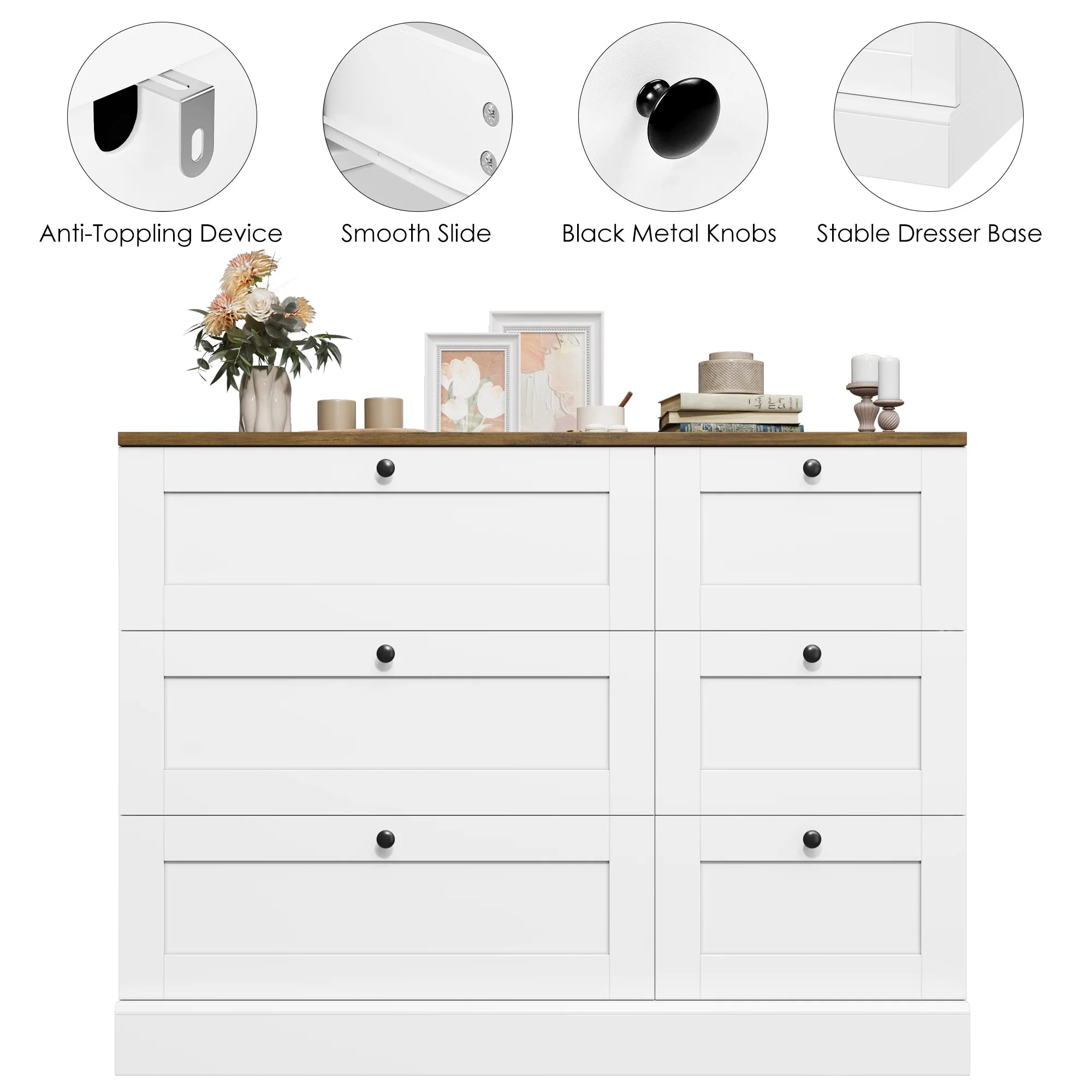 6 Drawer White Dresser for Bedroom, Modern Wood Storage Cabinet Chest of Drawer for Living Room Entryway