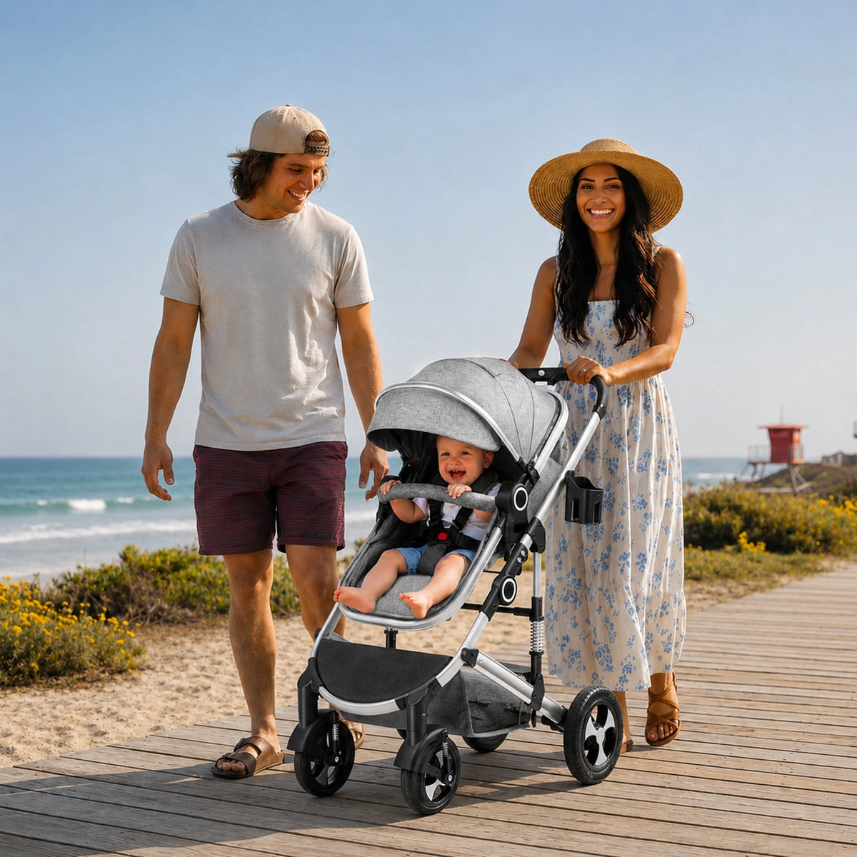 3-In-1 Convertible Baby Stroller with Big Seat and Adjustable Canopy, 24 Pounds, Light Grey