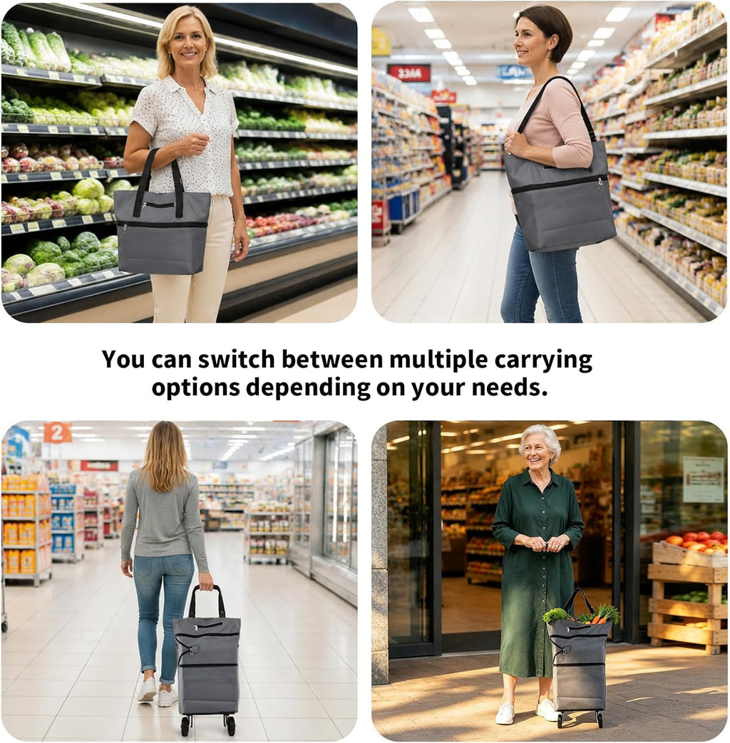 Collapsible Shopping Cart with 360° Swivel Wheels, Portable Folding Trolle-Y Grocery Bag, Reusable Foldable Tote Grocery Cart Large Capacity Used for Travel and Home (Grey)