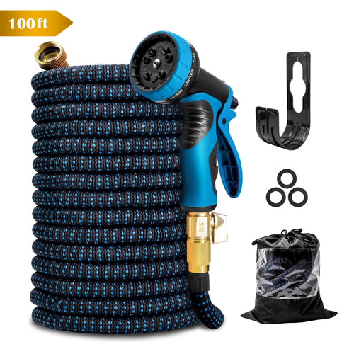 (4 Pack)  100 Ft Expandable Garden Hose, Water Hose for outside with 10 Spray Nozzles, Brass Connector, Leak-Proof, Blue