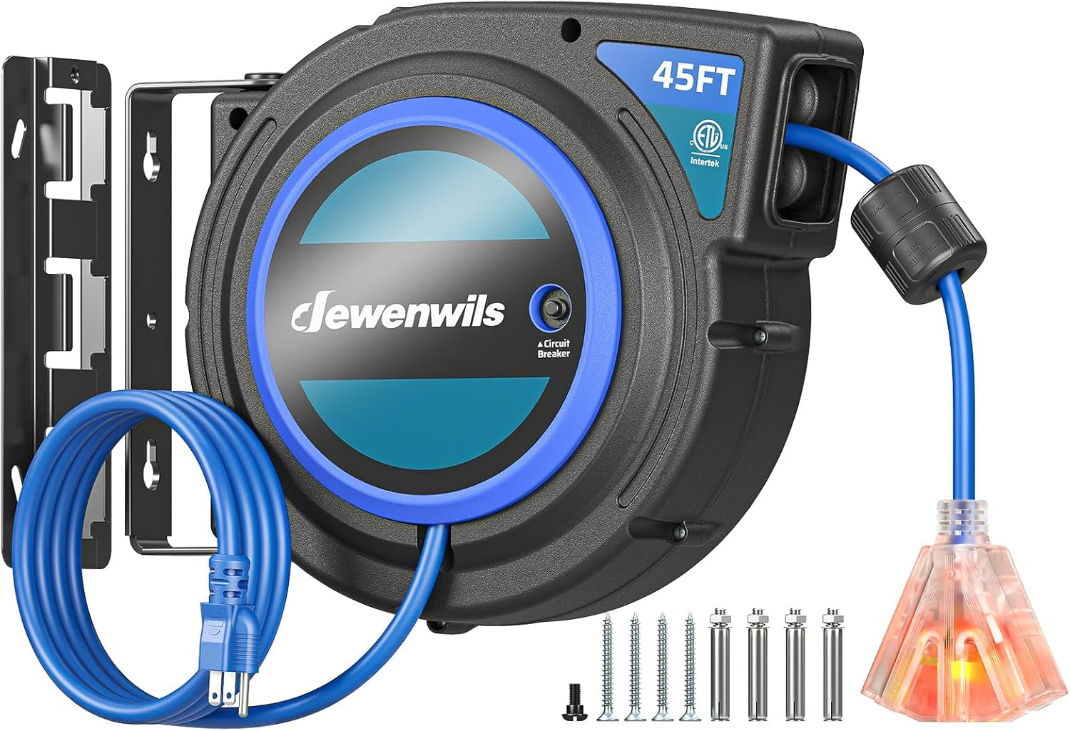 Retractable Extension Cord Reel, 40 FT Heavy Duty Power Cord, 12AWG/3C SJTOW, 3 Grounded Outlets Lighted Triple Tap, 15 Amp Circuit Breaker, UL Listed