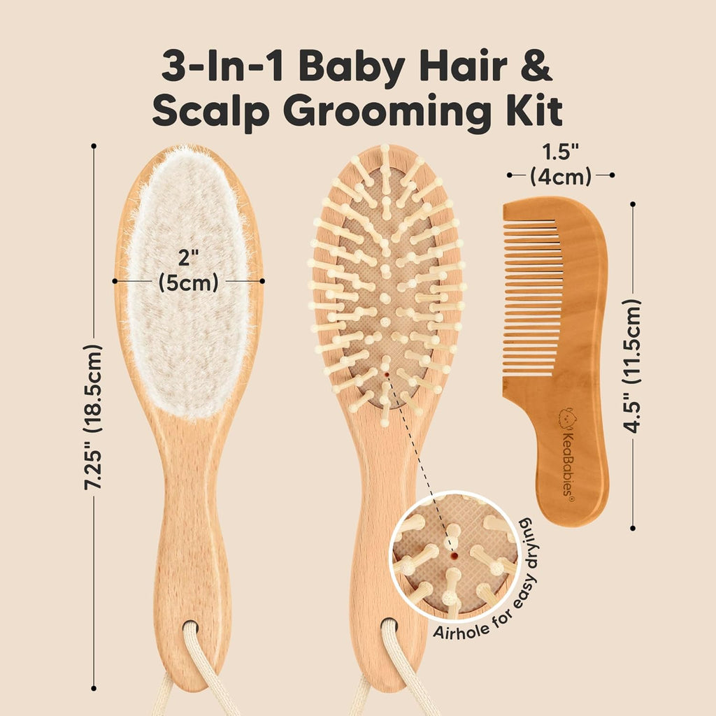 Baby Hair Brush Set for Newborns - Soft Goat Bristle Wooden Baby Brush and Comb Set Newborn Grooming Kit for Cradle Cap, Durable & Gentle, Boy, Girl Infant Essentials Care Kit Brush (Regular, Walnut)