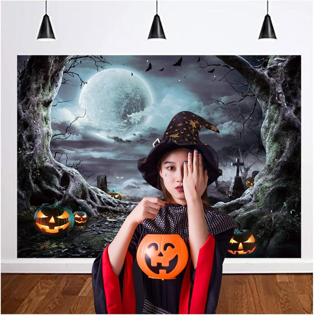 7X5Ft Halloween Photography Backdrop Horrible Graveyard Pumpkin Lantern and Full Moon Night Backdrop for Halloween Party Decoration Halloween Photoshoot Studio Props