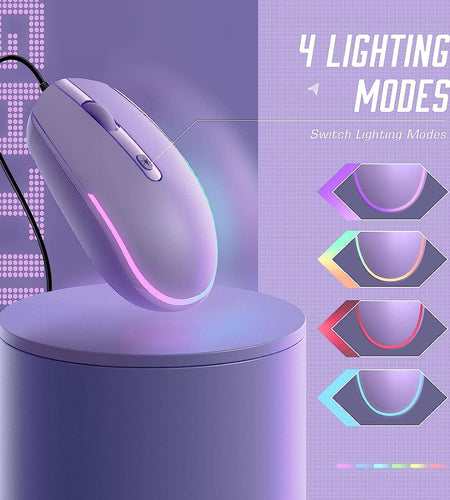 Wired Mouse - USB Computer Mouse Wired with RGB Backlit Optical LED Mouse with Attached USB Cord for Laptops Notebooks Chromebook - Purple