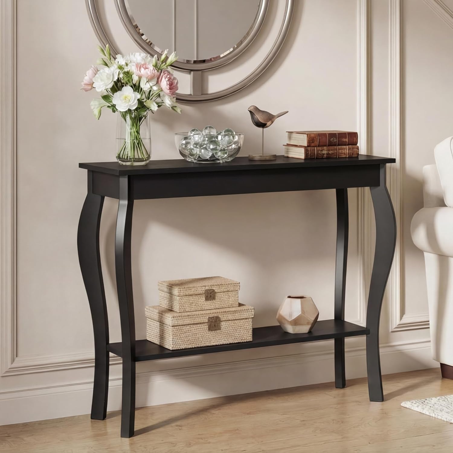 Narrow Console Table, Chic Accent Sofa Table, Entryway Table, 39.3 Inch, Black | Console Table with Curved Legs, Chic Accent Sofa Table with Shelves for Entryway, Living Room, Hallway