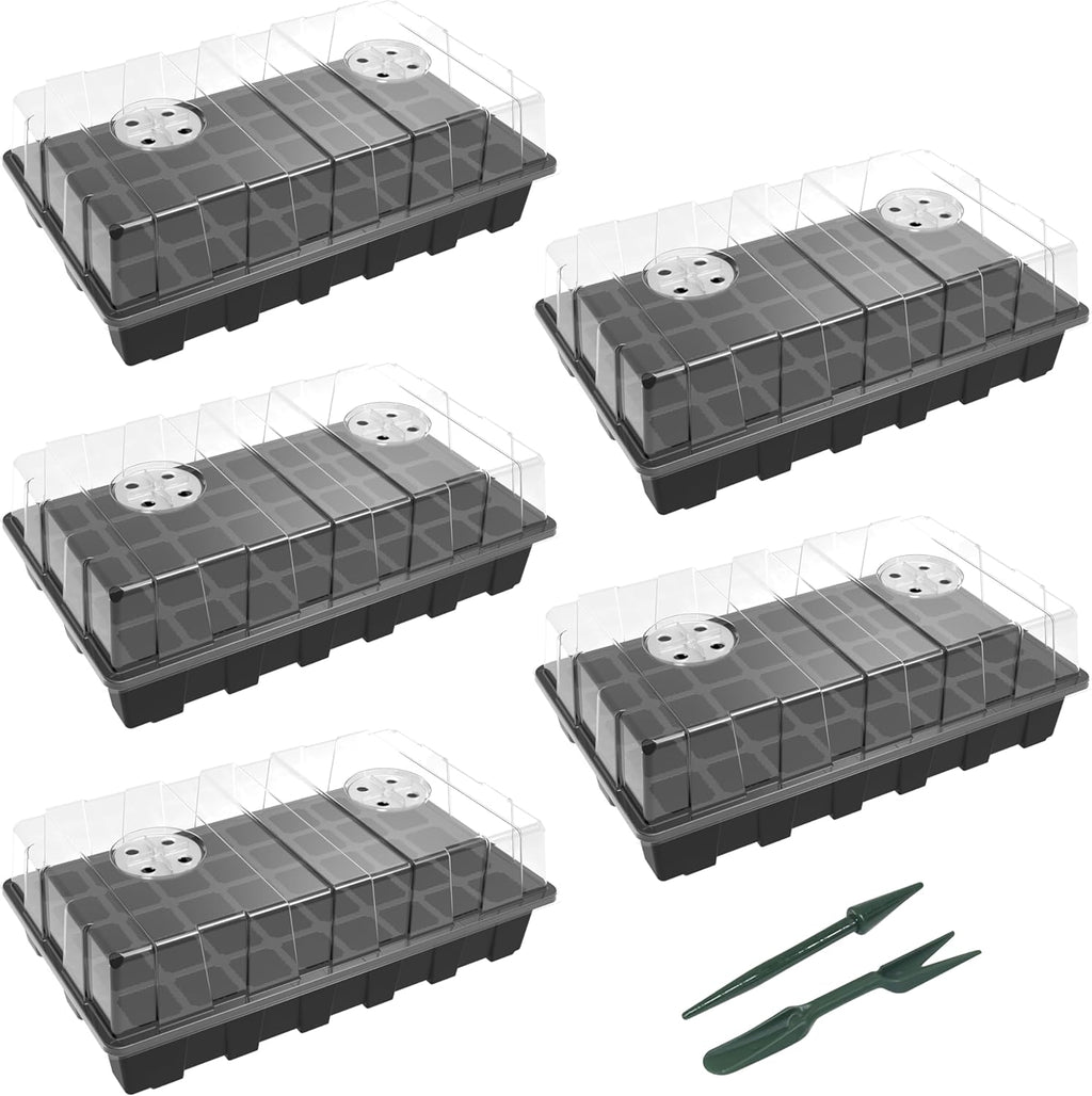 5-Set Seed Starter Tray Kits, Durable Plant Germination Trays with Humidity Vented Domes and Bases, Ideal for Seed Starting, Indoor Gardening, and Greenhouse (Total 200 Cells)