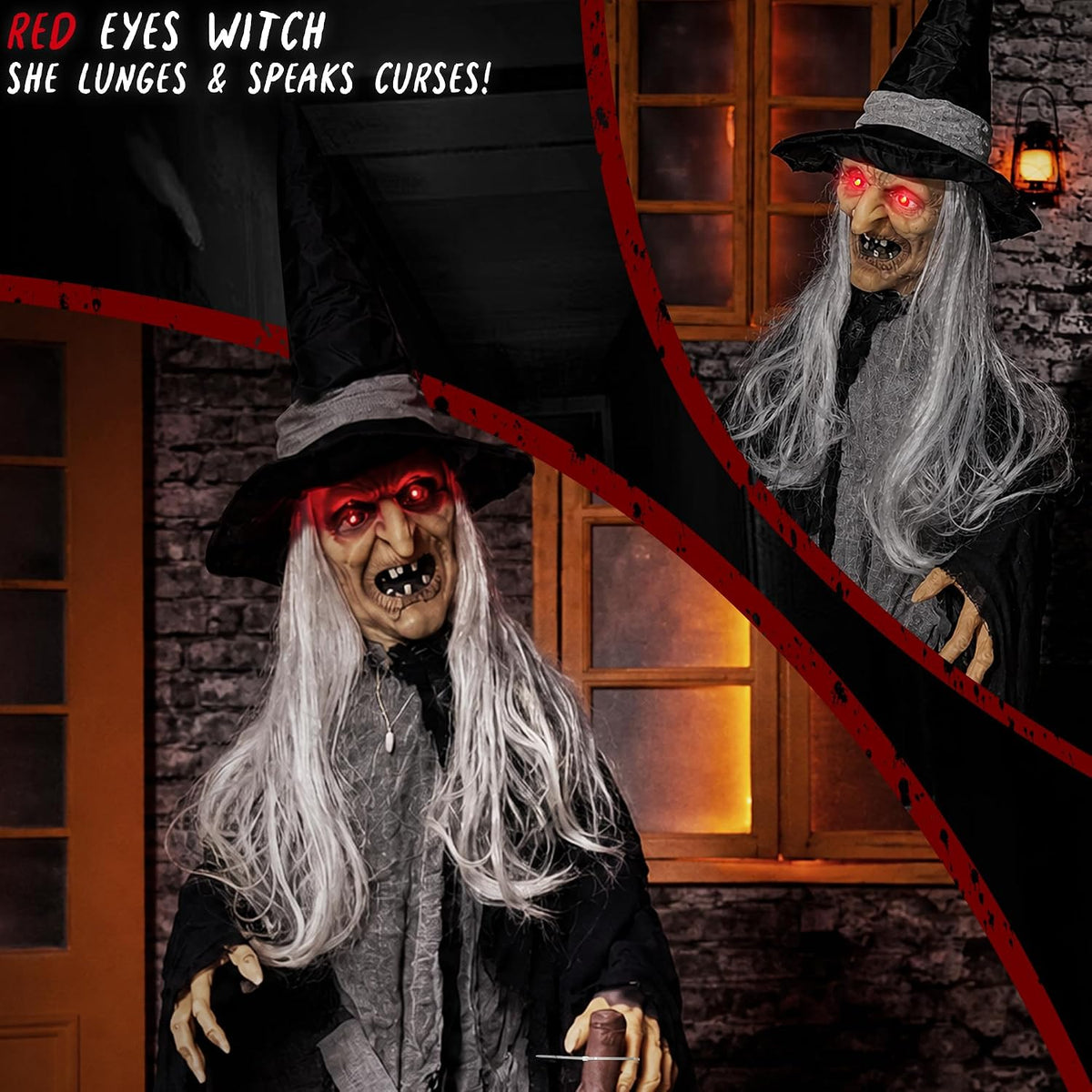 Halloween Animatronics Decorations, 6Ft Witch Animated Talking Witch with Sound Activated, Creepy Voice, Spooky Decor, Light up Eyes, Haunted Scary Move Horror Prop for Indoor, Outdoor, Yard Lawn