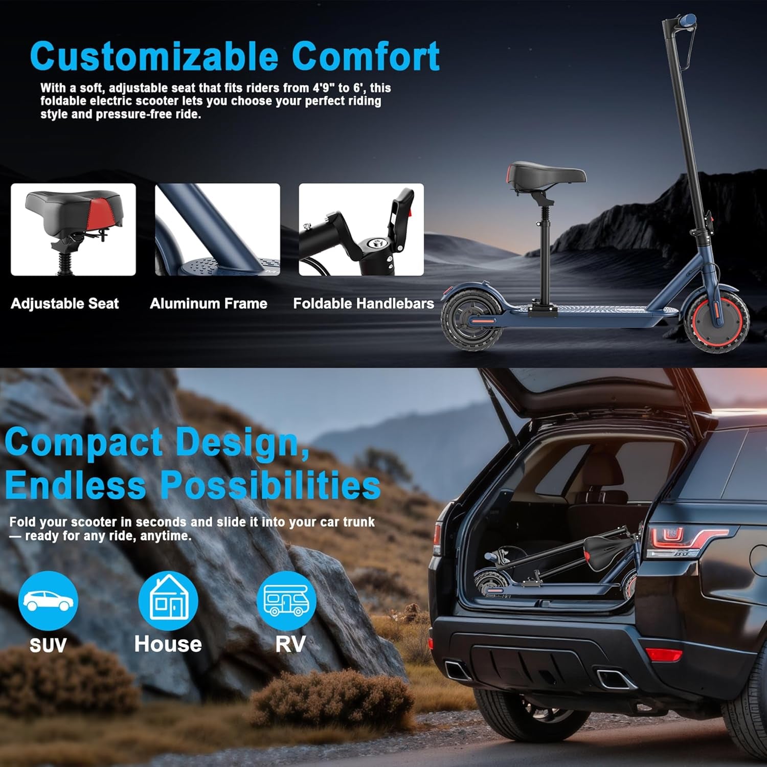 Electric Scooter with Seat, 350W Folding Scooter for Adults & Teens | Seated Folding Electric Scooter with 350W Motor, Battery Option, 8.5" Solid Tires, Dual Brake for Teens, Student and Commuter