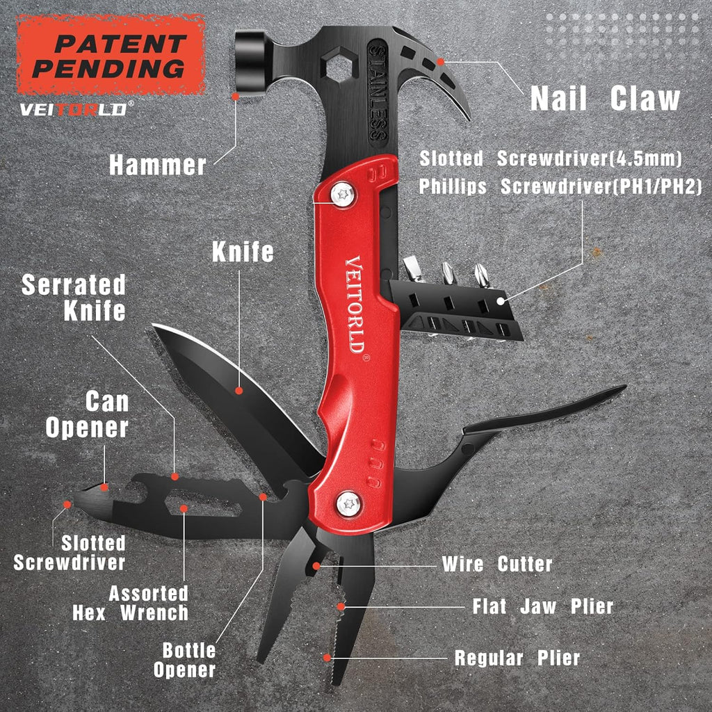 Gifts for Men Women Fathers Day, Anniversary Birthday Gifts Ideas for Dad Grandpa Him, All in One Tools Hammer Multitool, Camping Accessories Survival Gear, Unique Fishing Hunting Tools Gifts