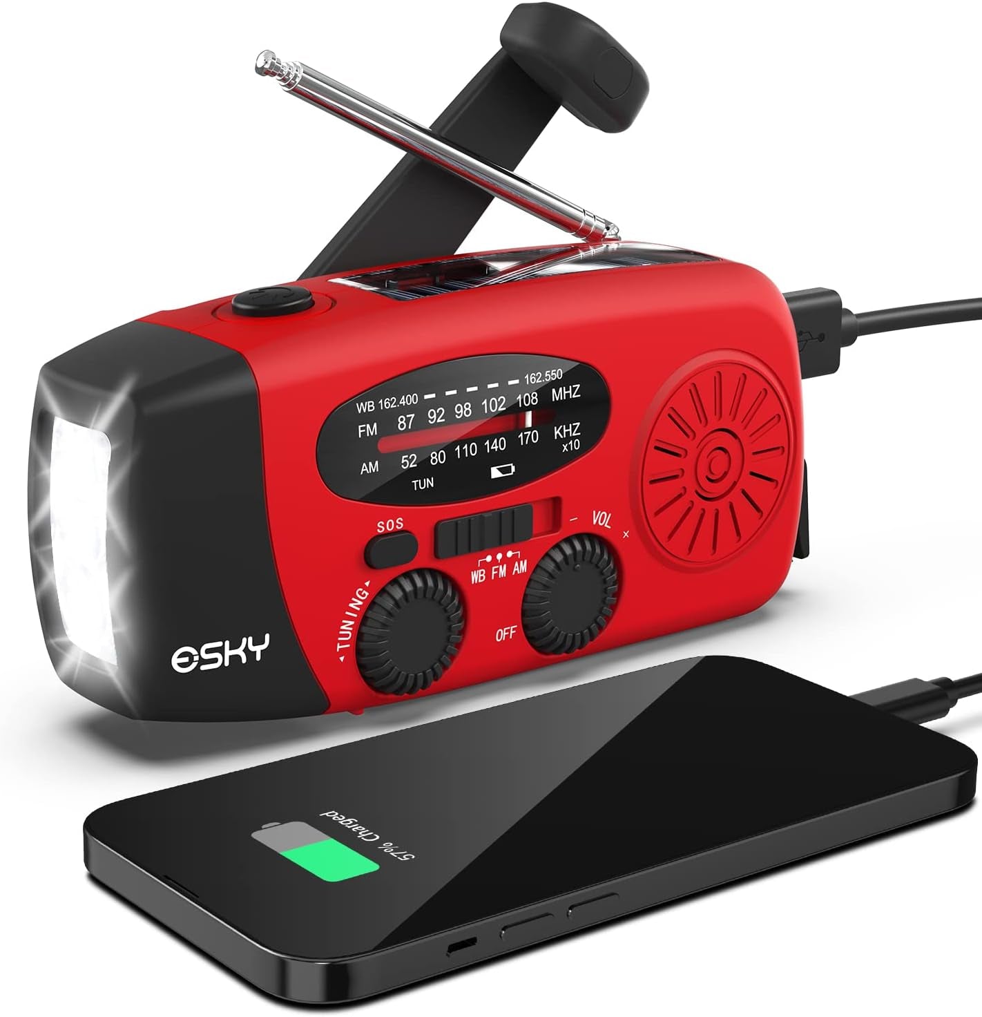 Emergency Hand Crank Radio 7400Mwh with 3 LED Flashlight, AM/FM/NOAA Portable Weather Radio with Rechargeable 2000Mah Battery, Solar Powered Radio for Indoor Outdoor Survival Camping, SOS Alarm