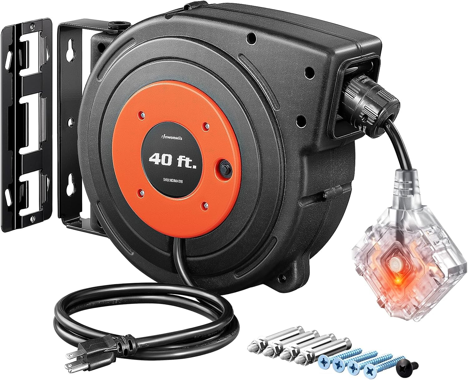 Retractable Extension Cord Reel, 40 FT Heavy Duty Power Cord, 12AWG/3C SJTOW, 3 Grounded Outlets Lighted Triple Tap, 15 Amp Circuit Breaker, UL Listed