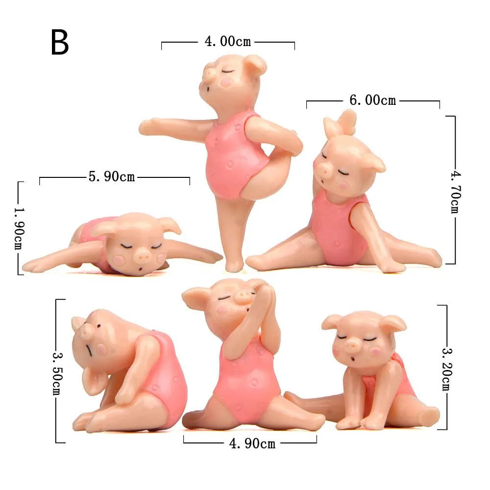 6 Pc Yoga Pig Lady Statue Mini Figurine 