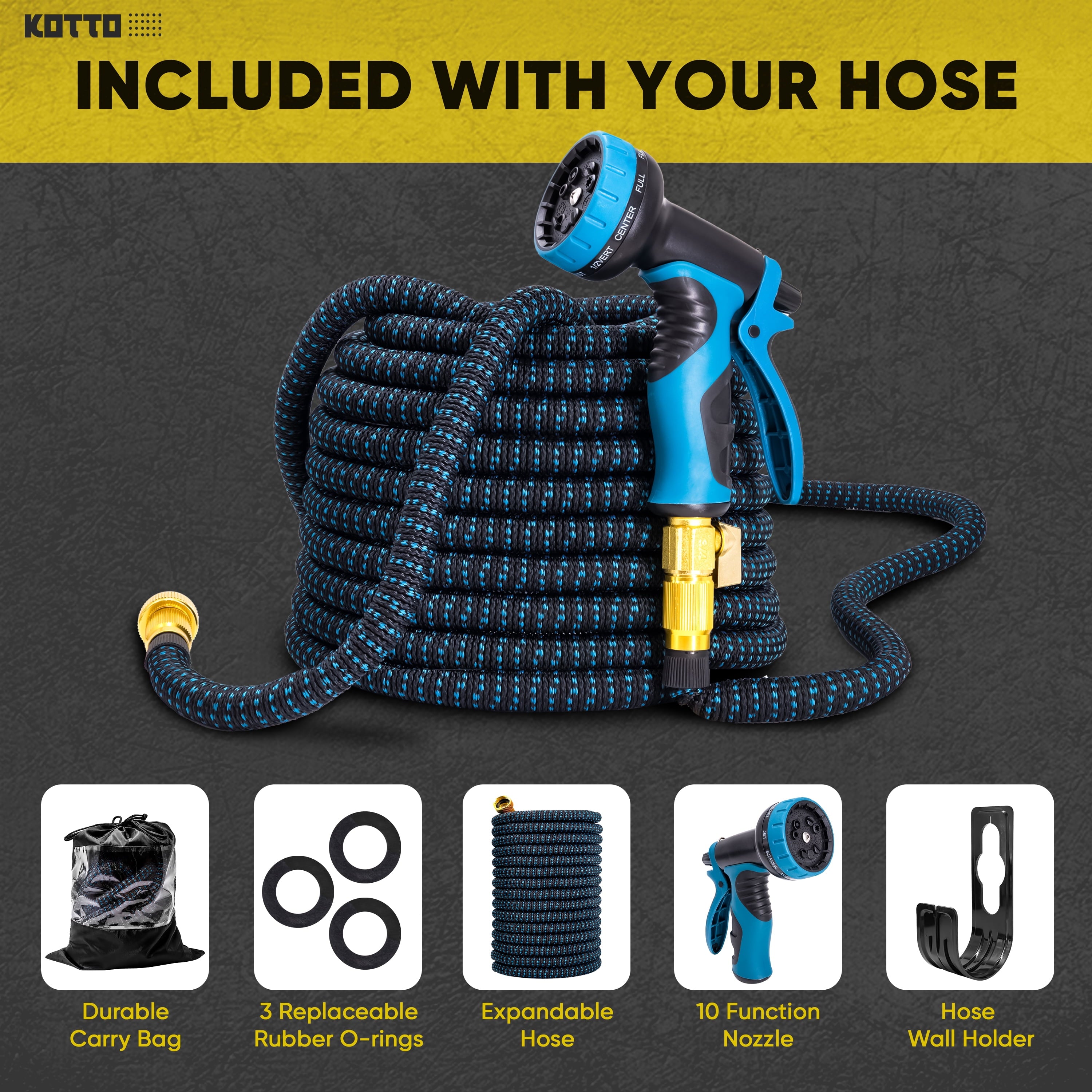 (4 Pack)  100 Ft Expandable Garden Hose, Water Hose for outside with 10 Spray Nozzles, Brass Connector, Leak-Proof, Blue
