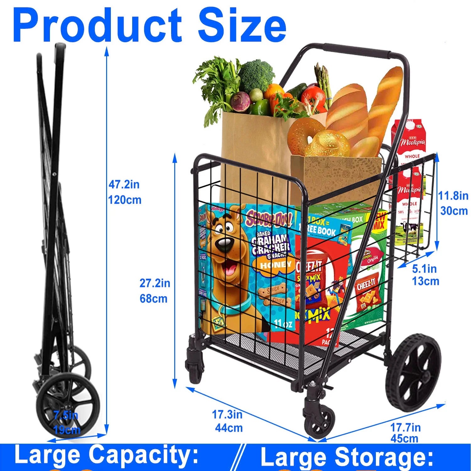 Foldable Shopping Cart, Folding Grocery Cart with Encrypted Mesh Bottom, 360° Swivel Wheels Lightweight Trolley for Halloween, Shopping, Grocery, Laundry, Luggage, Supermarket, Camping, Beach