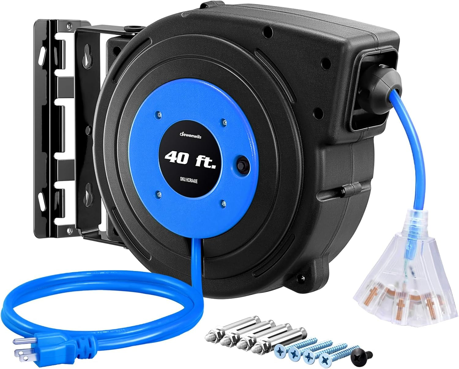Retractable Extension Cord Reel, 40 FT Heavy Duty Power Cord, 12AWG/3C SJTOW, 3 Grounded Outlets Lighted Triple Tap, 15 Amp Circuit Breaker, UL Listed