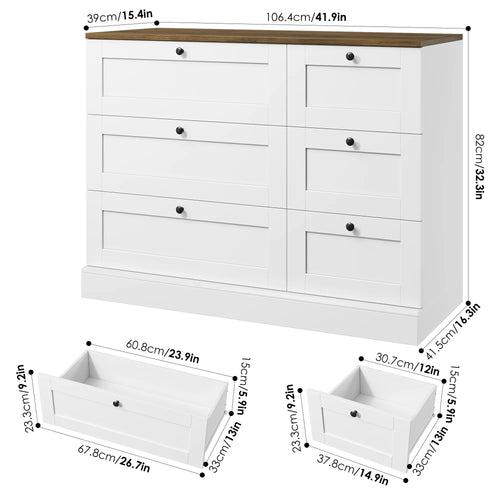 6 Drawer White Dresser for Bedroom, Modern Wood Storage Cabinet Chest of Drawer for Living Room Entryway