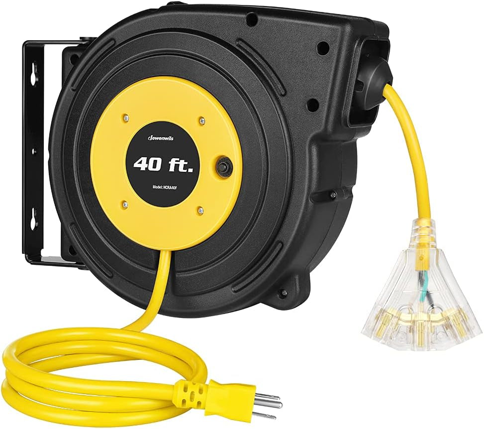 Retractable Extension Cord Reel, 40 FT Heavy Duty Power Cord, 12AWG/3C SJTOW, 3 Grounded Outlets Lighted Triple Tap, 15 Amp Circuit Breaker, UL Listed