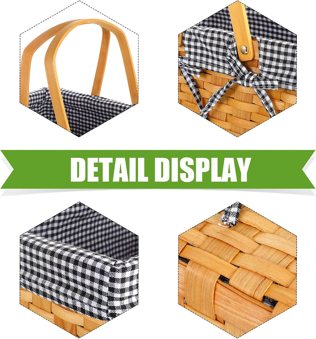 Wicker Picnic Basket Natural Hand Woven Basket with Double Folding Handles, Willow Hamper Baskets with Blanket for Outdoor Picnic Summer Spring Camp Family(Black and White Grid)