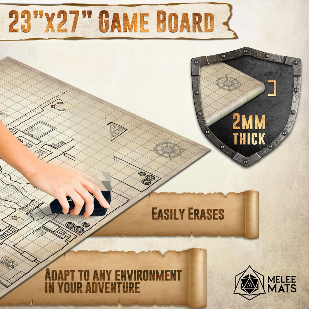 DND Map Starter Set - 23” X 27" Double Sided, Wet & Dry Erase Battle Terrain Grid for Dungeons and Dragons - Tabletop Board Gaming Kit with Accessories